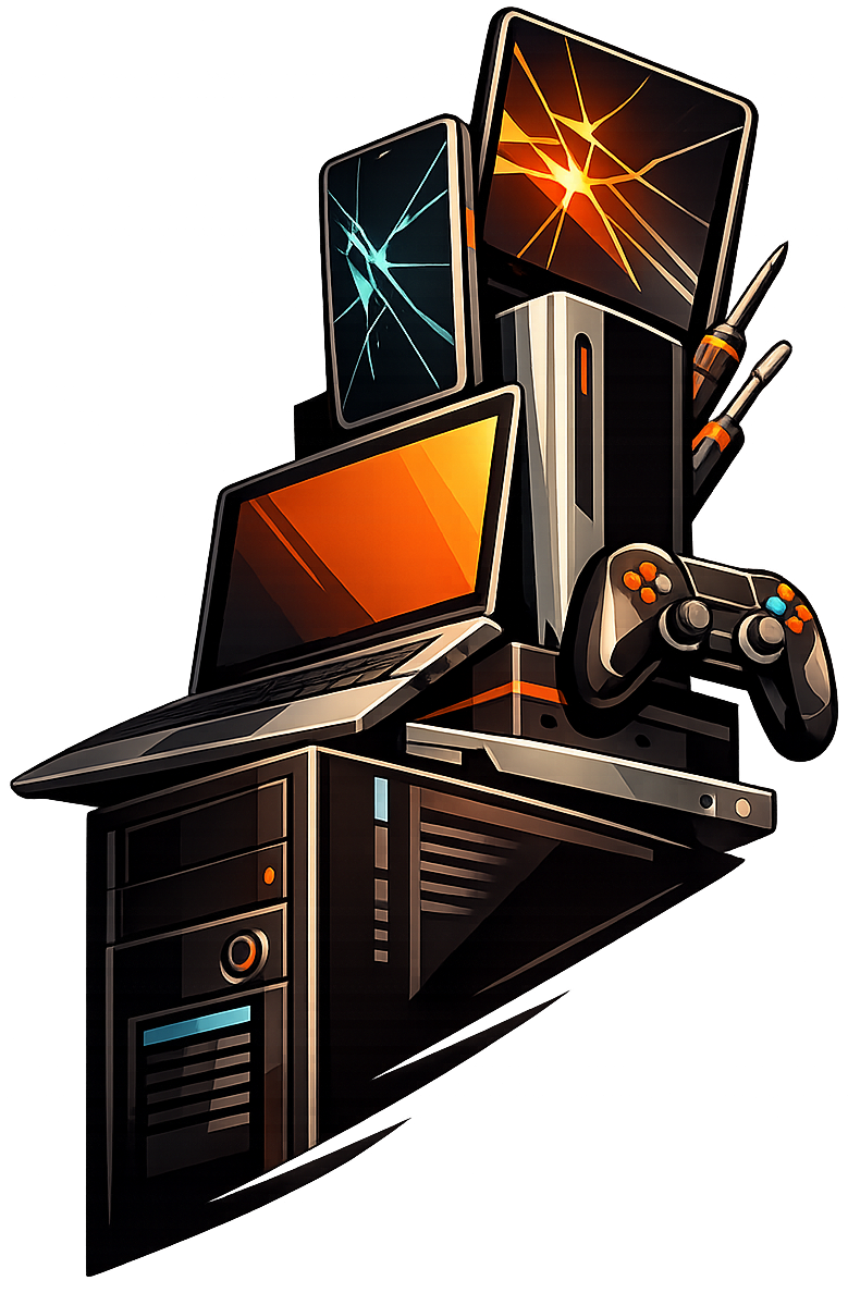 A stacked hero composition of repaired devices with a phoenix rising from them